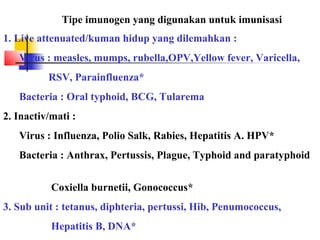 Tipe imunogen yang digunakan untuk imunisasi
1. Live attenuated/kuman hidup yang dilemahkan :
Virus : measles, mumps, rubella,OPV,Yellow fever, Varicella,
RSV, Parainfluenza*
Bacteria : Oral typhoid, BCG, Tularema
2. Inactiv/mati :
Virus : Influenza, Polio Salk, Rabies, Hepatitis A. HPV*
Bacteria : Anthrax, Pertussis, Plague, Typhoid and paratyphoid
Coxiella burnetii, Gonococcus*
3. Sub unit : tetanus, diphteria, pertussi, Hib, Penumococcus,
Hepatitis B, DNA*
 