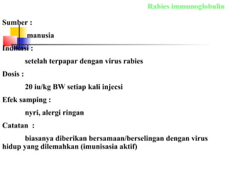 Rabies immunoglobulin
Sumber :
manusia
Indikasi :
setelah terpapar dengan virus rabies
Dosis :
20 iu/kg BW setiap kali injecsi
Efek samping :
nyri, alergi ringan
Catatan :
biasanya diberikan bersamaan/berselingan dengan virus
hidup yang dilemahkan (imunisasia aktif)
 