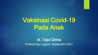 Vaksinasi Covid-19
Pada Anak
dr. Tajul Ghina
Puskesmas Lageun, September 2021
 