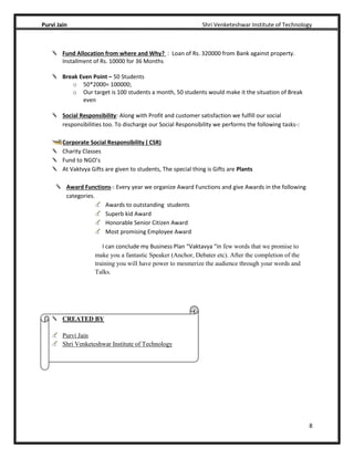 Purvi Jain Shri Venketeshwar Institute of Technology
8
Fund Allocation from where and Why? : Loan of Rs. 320000 from Bank against property.
Installment of Rs. 10000 for 36 Months
Break Even Point – 50 Students
o 50*2000= 100000;
o Our target is 100 students a month, 50 students would make it the situation of Break
even
Social Responsibility: Along with Profit and customer satisfaction we fulfill our social
responsibilities too. To discharge our Social Responsibility we performs the following tasks-:
Corporate Social Responsibility ( CSR)
Charity Classes
Fund to NGO’s
At Vaktvya Gifts are given to students, The special thing is Gifts are Plants
Award Functions-: Every year we organize Award Functions and give Awards in the following
categories.
Awards to outstanding students
Superb kid Award
Honorable Senior Citizen Award
Most promising Employee Award
I can conclude my Business Plan “Vaktavya “in few words that we promise to
make you a fantastic Speaker (Anchor, Debater etc). After the completion of the
training you will have power to mesmerize the audience through your words and
Talks.
CREATED BY
Purvi Jain
Shri Venketeshwar Institute of Technology
 