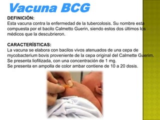 Vacuna BCG
DEFINICIÓN:
Esta vacuna contra la enfermedad de la tubercolosis. Su nombre esta
compuesta por el bacilo Calmetto Guerin, siendo estos dos últimos los
médicos que la descubrieron.

CARACTERÍSTICAS:
La vacuna se elabora con bacilos vivos atenuados de una cepa de
mycobacterium bovis proveniente de la cepa original del Calmette Guerim.
Se presenta liofilizada, con una concentración de 1 mg.
Se presenta en ampolla de color ambar contiene de 10 a 20 dosis.
 