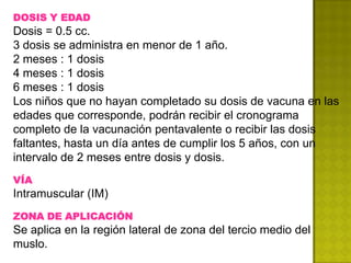 DOSIS Y EDAD
Dosis = 0.5 cc.
3 dosis se administra en menor de 1 año.
2 meses : 1 dosis
4 meses : 1 dosis
6 meses : 1 dosis
Los niños que no hayan completado su dosis de vacuna en las
edades que corresponde, podrán recibir el cronograma
completo de la vacunación pentavalente o recibir las dosis
faltantes, hasta un día antes de cumplir los 5 años, con un
intervalo de 2 meses entre dosis y dosis.
VÍA
Intramuscular (IM)
ZONA DE APLICACIÓN
Se aplica en la región lateral de zona del tercio medio del
muslo.
 
