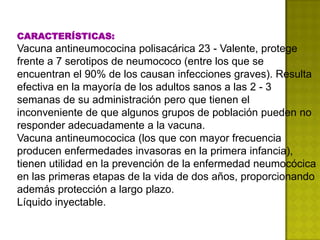 CARACTERÍSTICAS:
Vacuna antineumococina polisacárica 23 - Valente, protege
frente a 7 serotipos de neumococo (entre los que se
encuentran el 90% de los causan infecciones graves). Resulta
efectiva en la mayoría de los adultos sanos a las 2 - 3
semanas de su administración pero que tienen el
inconveniente de que algunos grupos de población pueden no
responder adecuadamente a la vacuna.
Vacuna antineumococica (los que con mayor frecuencia
producen enfermedades invasoras en la primera infancia),
tienen utilidad en la prevención de la enfermedad neumocócica
en las primeras etapas de la vida de dos años, proporcionando
además protección a largo plazo.
Líquido inyectable.
 