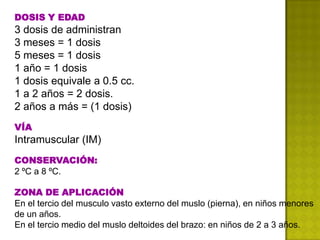 DOSIS Y EDAD
3 dosis de administran
3 meses = 1 dosis
5 meses = 1 dosis
1 año = 1 dosis
1 dosis equivale a 0.5 cc.
1 a 2 años = 2 dosis.
2 años a más = (1 dosis)
VÍA
Intramuscular (IM)
CONSERVACIÓN:
2 ºC a 8 ºC.

ZONA DE APLICACIÓN
En el tercio del musculo vasto externo del muslo (pierna), en niños menores
de un años.
En el tercio medio del muslo deltoides del brazo: en niños de 2 a 3 años.
 