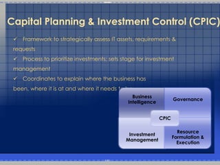 Capital Planning & Investment Control (CPIC)
  Framework to strategically assess IT assets, requirements &
 requests
  Process to prioritize investments; sets stage for investment
 management
  Coordinates to explain where the business has
 been, where it is at and where it needs to be
                                               Business
                                                                   Governance
                                             Intelligence


                                                            CPIC

                                                                     Resource
                                             Investment
                                                                   Formulation &
                                            Management
                                                                     Execution
 
