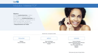 * Direcionado para ação de Compre-Ganhe.
Módulos: Material POP
Objetivo:
A fim de customizarmos o efetivo
de materiais no ponto de venda,
desenvolvemos módulos/pacotes que
atendem a realidade e características de
cada uma das redes, de acordo
com a importância estratégica para
o Departamento de Trade:
GRANDE
Wobbler
Faixa de Gôndola
Faixa de Gôndola
Take-One + Porta Take-One
Stopper
Cubo de Gôndola
Display Organizador (Ponto Natural)
Faixa de Gôndola
Take-One + Porta Take-One
Wobbler*
Stopper*
MÉDIOPEQUENO
Durante todo o cronograma do piloto
 