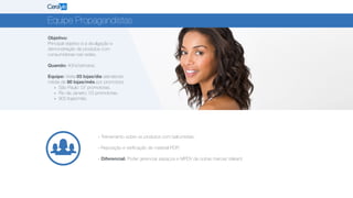 Equipe Propagandistas
Objetivo:
Principal objetivo é a divulgação e
demonstração de produtos com
consumidoras nas redes.
!
Quando: 40hs/semana.
!
Equipe: Visita 03 lojas/dia atendendo
média de 80 lojas/mês por promotora.
» São Paulo: 07 promotoras.
» Rio de Janeiro: 03 promotoras.
» 800 lojas/mês.
» Treinamento sobre os produtos com balconistas;
!
» Reposição e verificação de material POP;
!
» Diferencial: Poder gerenciar espaços e MPDV de outras marcas Valeant.
 