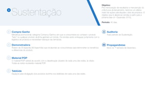 Sustentação3
Objetivo:
Pós mensuração de resultados e menutenção do
ciclo/curva de lançamento, teremos um efetivo
maior de ações para liquidar o lote de produtos. O
objetivo aqui é alavancar vendas e partir para a
próxima fase (4 – Expansão 2015).
!
Período: 45 dias.
Demonstradora
Roteiro de 03 lojas/dia (80 lojas/mês) que irá abordar as consumidoras para demonstrar os benefícios
e diferencias do produto.
Material POP
O material POP variará de acordo com a classificação (cluster) de cada uma das redes, já citado.
Todas as redes receberão material POP.
Tablóide
Espaços para divulgação dos produtos da linha nos tablóides de cada uma das redes.
Compre-Ganhe
Mecânica promocional, categoria Comprou-Ganhou em que a consumidora ao comprar o produto
“hero” ou qualquer produto da linha ganhará um brinde. Os brindes serão entregues juntamente com a
logística de produtos e necessitam estoque nas farmácias.
Propagandistas
Início na 1ª semana de Dezembro.
Auditoria
Todo período de Sustentação.
 