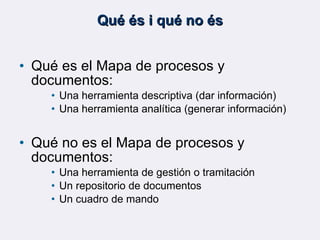 Qué és i qué no és <ul><li>Qué es el Mapa de procesos y documentos: </li></ul><ul><ul><ul><li>Una herramienta descriptiva ...