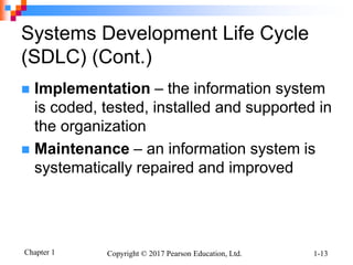 Chapter 1 Copyright © 2017 Pearson Education, Ltd. 1-13
Systems Development Life Cycle
(SDLC) (Cont.)
 Implementation – the information system
is coded, tested, installed and supported in
the organization
 Maintenance – an information system is
systematically repaired and improved
 