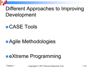 Chapter 1 Copyright © 2017 Pearson Education, Ltd. 1-19
Different Approaches to Improving
Development
 CASE Tools
 Agile Methodologies
 eXtreme Programming
 