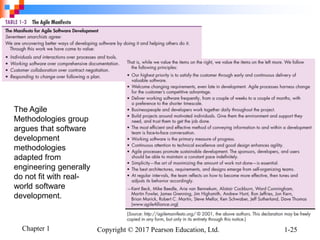 Chapter 1 Copyright © 2017 Pearson Education, Ltd. 1-25
The Agile
Methodologies group
argues that software
development
methodologies
adapted from
engineering generally
do not fit with real-
world software
development.
 