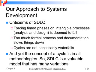 Chapter 1 Copyright © 2017 Pearson Education, Ltd. 1-34
Our Approach to Systems
Development
 Criticisms of SDLC
Forcing timed phases on intangible processes
(analysis and design) is doomed to fail
Too much formal process and documentation
slows things down
Cycles are not necessarily waterfalls
 And yet the concept of a cycle is in all
methodologies. So, SDLC is a valuable
model that has many variations.
 