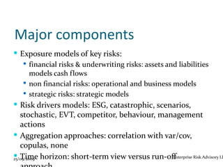 Major components
 Exposure models of key risks:
    financial risks & underwriting risks: assets and liabilities
     models cash flows
    non financial risks: operational and business models
    strategic risks: strategic models
 Risk drivers models: ESG, catastrophic, scenarios,
   stochastic, EVT, competitor, behaviour, management
   actions
 Aggregation approaches: correlation with var/cov,
   copulas, none
 Time horizon: short-term view versus run-off
25/09/2009                                    Enterprise Risk Advisory LL
 