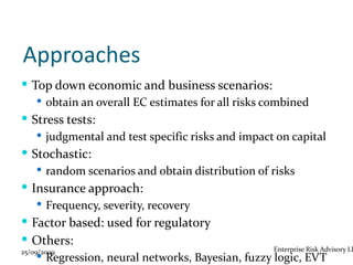 Approaches
 Top down economic and business scenarios:
      obtain an overall EC estimates for all risks combined
 Stress tests:
      judgmental and test specific risks and impact on capital
 Stochastic:
      random scenarios and obtain distribution of risks
 Insurance approach:
      Frequency, severity, recovery
 Factor based: used for regulatory
 Others:
25/09/2009                                            Enterprise Risk Advisory LL
      Regression, neural networks, Bayesian, fuzzy logic, EVT
 