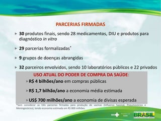 PARCERIAS FIRMADAS
   30 produtos finais, sendo 28 medicamentos, DIU e produtos para
    diagnóstico in vitro
   29 parcerias formalizadas*
   9 grupos de doenças abrangidas
   32 parceiros envolvidos, sendo 10 laboratórios públicos e 22 privados
          USO ATUAL DO PODER DE COMPRA DA SAÚDE:
       R$ 4 bilhões/ano em compras públicas

       R$ 1,7 bilhão/ano a economia média estimada

       US$ 700 milhões/ano a economia de divisas esperada
*Sem considerar as três parcerias firmadas para produção de vacinas (Influenza Sazonal, Pneumocócica e
Meningocócica), tendo economia estimada em R$ 800 milhões.
 