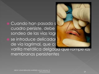  Cuando han pasado seis meses y el 
cuadro persiste, debe intentarse el 
sondeo de las vías lagrimales . 
 se introduce delicadamente la sonda 
de vía lagrimal, que consiste en una 
varilla metálica delgada que rompe las 
membranas persistentes 
DIEGO JOSUE BERMUDEZ MARTINEZ U.M.S.H seccion 12 
OFTALMOLOGIA 29 
 