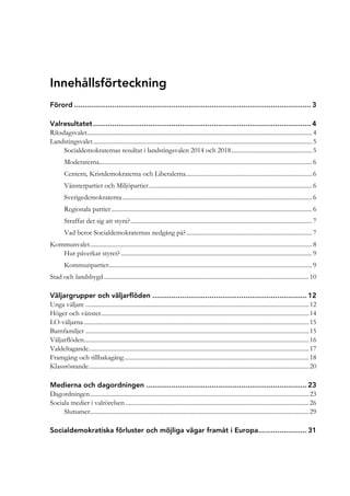 Innehållsförteckning
Förord ................................................................................................................ 3
Valresultatet....................................................................................................... 4
Riksdagsvalet................................................................................................................................................. 4
Landstingsvalet............................................................................................................................................. 5
Socialdemokraternas resultat i landstingsvalen 2014 och 2018.................................................... 5
Moderaterna......................................................................................................................................... 6
Centern, Kristdemokraterna och Liberalerna................................................................................. 6
Vänsterpartiet och Miljöpartiet......................................................................................................... 6
Sverigedemokraterna.......................................................................................................................... 6
Regionala partier ................................................................................................................................. 6
Straffar det sig att styra?..................................................................................................................... 7
Vad beror Socialdemokraternas nedgång på?................................................................................. 7
Kommunvalet............................................................................................................................................... 8
Hur påverkar styret? ........................................................................................................................... 9
Kommunpartier................................................................................................................................... 9
Stad och landsbygd....................................................................................................................................10
Väljargrupper och väljarflöden ......................................................................... 12
Unga väljare ................................................................................................................................................12
Höger och vänster......................................................................................................................................14
LO-väljarna.................................................................................................................................................15
Barnfamiljer ................................................................................................................................................15
Väljarflöden.................................................................................................................................................16
Valdeltagande..............................................................................................................................................17
Framgång och tillbakagång.......................................................................................................................18
Klassröstande..............................................................................................................................................20
Medierna och dagordningen ............................................................................ 23
Dagordningen.............................................................................................................................................23
Sociala medier i valrörelsen ......................................................................................................................26
Slutsatser.............................................................................................................................................29
Socialdemokratiska förluster och möjliga vägar framåt i Europa....................... 31
 