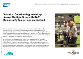 | |SAP Business Transformation Study Industrial Machinery and Components Groupe Valantur
2016SAPSEoranSAPaffiliatecompany.Allrightsreserved.
©
The aeronautics, medical, automotive, and arms sectors rely on high-quality
components and parts manufactured and assembled by Groupe Valantur. An
enterprise made up of five companies spread over nine sites and growing, Valantur was
using multiple enterprise resource planning (ERP) systems – and each new acquisition
came with more. Information access on a groupwide level grew complex; the company
needed a better way to consolidate its business data.
In combination with the eam4cloud add-on from all4cloud, the SAP Business®
ByDesign solution has provided Valantur with a single ERP solution that supports®
multicompany, multisite inventory management and maintenance processes. Staff
members now have a real-time overview of all materials at each site. And they’ve been
able to reduce inventory by exchanging parts between sites instead of ordering more
from the supplier. This all means customers get their orders more quickly than ever.
Valantur: Coordinating Inventory
Across Multiple Sites with SAP®
Business ByDesign and eam4cloud®
 