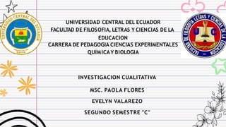 UNIVERSIDAD CENTRAL DEL ECUADOR
FACULTAD DE FILOSOFIA, LETRAS Y CIENCIAS DE LA
EDUCACION
CARRERA DE PEDAGOGIA CIENCIAS EXPERIMENTALES
QUIMICAY BIOLOGIA
INVESTIGACION CUALITATIVA
MSC. PAOLA FLORES
EVELYN VALAREZO
SEGUNDO SEMESTRE "C"
 