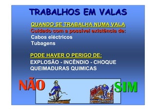 EXPLOSÃO - INCÊNDIO - CHOQUE
QUEIMADURAS QUIMICAS
NÃONÃO SIMSIM
TRABALHOS EM VALASTRABALHOS EM VALAS
QUANDO SE TRABALHA NUMA VALA
Cuidado com a possível existência de:
QUANDO SE TRABALHA NUMA VALA
Cuidado com a possível existência de:
Cabos eléctricos
Tubagens
PODE HAVER O PERIGO DE:PODE HAVER O PERIGO DE:
 