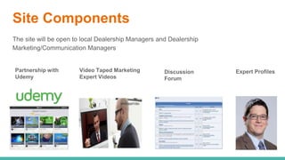 Site Components
The site will be open to local Dealership Managers and Dealership
Marketing/Communication Managers
Partner...