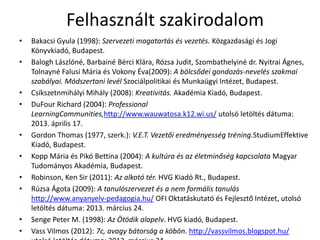 Felhasznált szakirodalom
• Bakacsi Gyula (1998): Szervezeti magatartás és vezetés. Közgazdasági és Jogi
Könyvkiadó, Budapest.
• Balogh Lászlóné, Barbainé Bérci Klára, Rózsa Judit, Szombathelyiné dr. Nyitrai Ágnes,
Tolnayné Falusi Mária és Vokony Éva(2009): A bölcsődei gondozás-nevelés szakmai
szabályai. Módszertani levél Szociálpolitikai és Munkaügyi Intézet, Budapest.
• Csíkszetnmihályi Mihály (2008): Kreativitás. Akadémia Kiadó, Budapest.
• DuFour Richard (2004): Professional
LearningCommunities,http://www.wauwatosa.k12.wi.us/ utolsó letöltés dátuma:
2013. április 17.
• Gordon Thomas (1977, szerk.): V.E.T. Vezetői eredményesség tréning.StudiumEffektive
Kiadó, Budapest.
• Kopp Mária és Pikó Bettina (2004): A kultúra és az életminőség kapcsolata Magyar
Tudományos Akadémia, Budapest.
• Robinson, Ken Sir (2011): Az alkotó tér. HVG Kiadó Rt., Budapest.
• Rúzsa Ágota (2009): A tanulószervezet és a nem formális tanulás
http://www.anyanyelv-pedagogia.hu/ OFI Oktatáskutató és Fejlesztő Intézet, utolsó
letöltés dátuma: 2013. március 24.
• Senge Peter M. (1998): Az Ötödik alapelv. HVG kiadó, Budapest.
• Vass Vilmos (2012): 7c, avagy bátorság a köbön. http://vassvilmos.blogspot.hu/
 