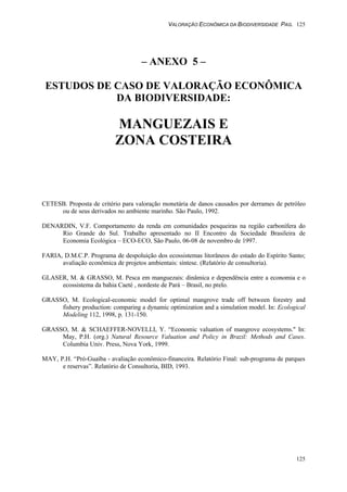 VALORAÇÃO ECONÔMICA DA BIODIVERSIDADE PAG. 125
125
– ANEXO 5 –
ESTUDOS DE CASO DE VALORAÇÃO ECONÔMICA
DA BIODIVERSIDADE:
MANGUEZAIS E
ZONA COSTEIRA
CETESB. Proposta de critério para valoração monetária de danos causados por derrames de petróleo
ou de seus derivados no ambiente marinho. São Paulo, 1992.
DENARDIN, V.F. Comportamento da renda em comunidades pesqueiras na região carbonífera do
Rio Grande do Sul. Trabalho apresentado no II Encontro da Sociedade Brasileira de
Economia Ecológica – ECO-ECO, São Paulo, 06-08 de novembro de 1997.
FARIA, D.M.C.P. Programa de despoluição dos ecossistemas litorâneos do estado do Espírito Santo;
avaliação econômica de projetos ambientais: síntese. (Relatório de consultoria).
GLASER, M. & GRASSO, M. Pesca em manguezais: dinâmica e dependência entre a economia e o
ecossistema da bahia Caeté , nordeste de Pará – Brasil, no prelo.
GRASSO, M. Ecological-economic model for optimal mangrove trade off between forestry and
fishery production: comparing a dynamic optimization and a simulation model. In: Ecological
Modeling 112, 1998, p. 131-150.
GRASSO, M. & SCHAEFFER-NOVELLI, Y. “Economic valuation of mangrove ecosystems." In:
May, P.H. (org.) Natural Resource Valuation and Policy in Brazil: Methods and Cases.
Columbia Univ. Press, Nova York, 1999.
MAY, P.H. “Pró-Guaíba - avaliação econômico-financeira. Relatório Final: sub-programa de parques
e reservas”. Relatório de Consultoria, BID, 1993.
 
