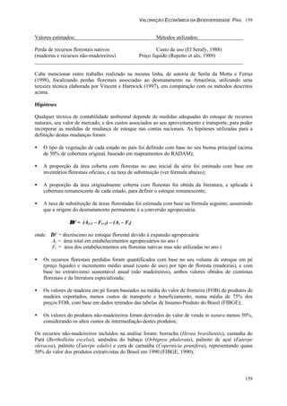 VALORAÇÃO ECONÔMICA DA BIODIVERSIDADE PAG. 159
159
Valores estimados: Métodos utilizados:
Perda de recursos florestais nativos Custo de uso (El Serafy, 1988)
(madeiras e recursos não-madeireiros) Preço líquido (Repetto et alii, 1989)
Cabe mencionar outro trabalho realizado na mesma linha, de autoria de Serôa da Motta e Ferraz
(1998), focalizando perdas florestais associadas ao desmatamento na Amazônia, utilizando uma
terceira técnica elaborada por Vincent e Hartwick (1997), em comparação com os métodos descritos
acima.
Hipóteses
Qualquer técnica de contabilidade ambiental depende de medidas adequadas do estoque de recursos
naturais, seu valor de mercado, e dos custos associados ao seu aproveitamento e transporte, para poder
incorporar as medidas de mudança de estoque nas contas nacionais. As hipóteses utilizadas para a
definição destas mudanças foram:
• O tipo de vegetação de cada estado no país foi definido com base no seu bioma principal (acima
de 50% de cobertura original, baseado em mapeamentos do RADAM);
• A proporção da área coberta com florestas no ano inicial da série foi estimado com base em
inventários florestais oficiais, e na taxa de substituição (ver fórmula abaixo);
• A proporção da área originalmente coberta com florestas foi obtida da literatura, e aplicada à
cobertura remanescente de cada estado, para definir o estoque remanescente;
• A taxa de substituição de áreas florestadas foi estimada com base na fórmula seguinte, assumindo
que a origem do desmatamento permanente é a conversão agropecuária:
∆∆F = (At+1 – Ft+1) – (At – Ft)
onde: ∆F = decréscimo no estoque florestal devido à expansão agropecuária
At = área total em estabelecimentos agropecuários no ano t
Ft = área dos estabelecimentos em florestas nativas mas não utilizadas no ano t
• Os recursos florestais perdidos foram quantificados com base no seu volume de estoque em pé
(preço líquido) e incremento médio anual (custo de uso) por tipo de floresta (madeiras), e com
base no extrativismo sustentável anual (não madeireiros), ambos valores obtidos de cientistas
florestais e da literatura especializada;
• Os valores de madeira em pé foram baseados na média do valor de fronteira (FOB) de produtos de
madeira exportados, menos custos de transporte e beneficiamento, numa média de 75% dos
preços FOB, com base em dados retirados das tabelas de Insumo-Produto do Brasil (FIBGE);
• Os valores do produtos não-madeireiros foram derivados do valor de venda in natura menos 50%,
considerando os altos custos de intermediação destes produtos;
Os recursos não-madeireiros incluídos na análise foram: borracha (Hevea brasiliensis), castanha do
Pará (Bertholletia excelsa), amêndoa do babaçu (Orbignya phalerata), palmito de açaí (Euterpe
oleracea), palmito (Euterpe edulis) e cera de carnaúba (Copernicia prunifera), representando quase
50% do valor dos produtos extrativistas do Brasil em 1990 (FIBGE, 1990);
 