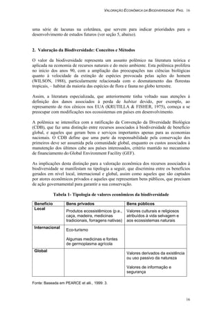 VALORAÇÃO ECONÔMICA DA BIODIVERSIDADE PAG. 16
16
uma série de lacunas na coletânea, que servem para indicar prioridades para o
desenvolvimento de estudos futuros (ver seção 5, abaixo).
2. Valoração da Biodiversidade: Conceitos e Métodos
O valor da biodiversidade representa um assunto polêmico na literatura teórica e
aplicada na economia de recursos naturais e do meio ambiente. Esta polêmica prolifera
no início dos anos 90, com a ampliação das preocupações nas ciências biológicas
quanto à velocidade da extinção de espécies provocada pelas ações do homem
(WILSON, 1988), particularmente relacionada com o desmatamento das florestas
tropicais, – habitat da maioria das espécies de flora e fauna no globo terrestre.
Assim, a literatura especializada, que anteriormente tinha voltado suas atenções à
definição dos danos associados à perda de habitat devido, por exemplo, ao
represamento de rios cênicos nos EUA (KRUTILLA & FISHER, 1975), começa a se
preocupar com modificações nos ecossistemas em países em desenvolvimento.
A polêmica se intensifica com a ratificação da Convenção da Diversidade Biológica
(CDB), que faz uma distinção entre recursos associados à biodiversidade de benefício
global, e aqueles que geram bens e serviços importantes apenas para as economias
nacionais. O CDB define que uma parte da responsabilidade pela conservação dos
primeiros deve ser assumida pela comunidade global, enquanto os custos associados à
manutenção dos últimos cabe aos países interessados, critério mantido no mecanismo
de financiamento do Global Environment Facility (GEF).
As implicações desta distinção para a valoração econômica dos recursos associados à
biodiversidade se manifestam na tipologia a seguir, que discrimina entre os benefícios
gerados em nível local, internacional e global, assim como aqueles que são captados
por atores econômicos privados e aqueles que representam bens públicos, que precisam
de ação governamental para garantir a sua conservação.
Tabela 1- Tipologia de valores econômicos da biodiversidade
Benefício Bens privados Bens públicos
Local
Produtos ecossistêmicos (p.e.,
caça, madeira, medicinas
tradicionais, forragens nativas)
Valores culturais e religiosos
atribuídos à vida selvagem e
aos ecossistemas naturais
Internacional
Eco-turismo
Algumas medicinas e fontes
de germoplasma agrícola
Global
Valores derivados da existência
ou uso passivo da natureza
Valores de informação e
segurança
Fonte: Baseada em PEARCE et alii., 1999: 3.
 