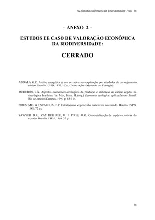 VALORAÇÃO ECONÔMICA DA BIODIVERSIDADE PAG. 78
78
– ANEXO 2 –
ESTUDOS DE CASO DE VALORAÇÃO ECONÔMICA
DA BIODIVERSIDADE:
CERRADO
ABDALA, G.C. Análise energética de um cerrado e sua exploração por atividades de carvoejamento
rústico. Brasília: UNB, 1993. 103p. (Dissertação - Mestrado em Ecologia).
MEDEIROS, J.X. Aspectos econômicos-ecológicos da produção e utilização do carvão vegetal na
siderúrgica brasileira. In: May, Peter. H. (org.) Economia ecológica: aplicações no Brasil.
Rio de Janeiro; Campus, 1995, p. 83-114.
PIRES, M.O. & ESCARDUA, F.P. Extrativismo Vegetal não madeireiro no cerrado. Brasília: ISPN,
1988, 72 p.;
SAWYER, D.R., VAN DER REE, M. E PIRES, M.O. Comercialização de espécies nativas do
cerrado. Brasília: ISPN, 1988, 32 p.
 