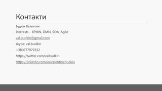 Контакти
Будкін Валентин
Interests - BPMN, DMN,SOA,Agile
val.budkin@gmail.com
skype:val.budkin
+380677979332
https://twitter.com/valbudkin
https://linkedin.com/in/valentinebudkin
 