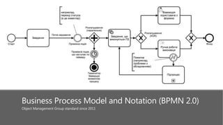 Business Process Model and Notation (BPMN 2.0)
Object Management Group standard since 2011
 