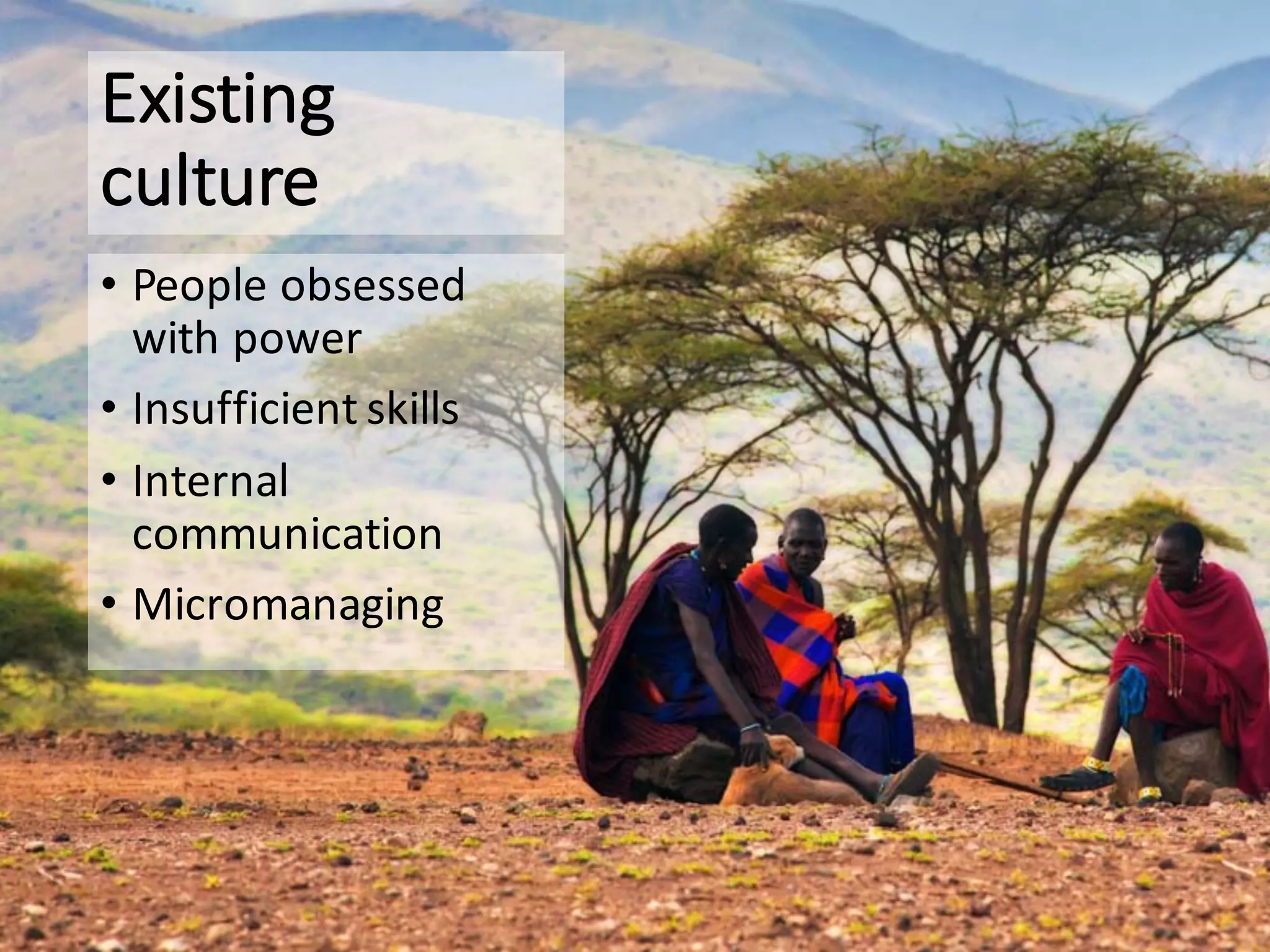 Existing	
culture
• People	obsessed	
with	power
• Insufficient	skills
• Internal	
communication
• Micromanaging
 