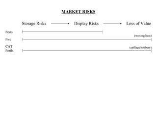 MARKET RISKS Storage Risks Display Risks Loss of Value Pests | | Fire CAT Perils (spillage/robbery) (wetting/heat) | | | | 