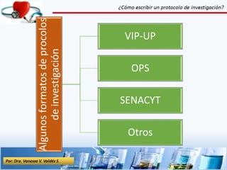 Algunosformatosdeprocolos
deinvestigación
VIP-UP
OPS
SENACYT
Otros
7
 