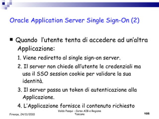Oracle Application Server Single Sign-On (2) Quando  l’utente tenta di accedere ad un’altra  Applicazione: 1. Viene rediretto al single sign-on server. 2. Il server non chiede all’utente le credenziali ma usa il SSO session cookie per validare la sua identità. 3. Il server passa un token di autenticazione alla Applicazione.  4. L’Applicazione fornisce il contenuto richiesto Valdo Pasqui - Corso AIB e Regione Toscana Firenze, 24/11/2010 