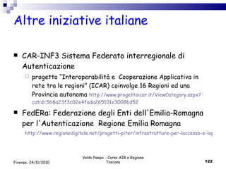 Altre iniziative italiane CAR-INF3 Sistema Federato interregionale di Autenticazione progetto “Interoperabilità e  Cooperazione Applicativa in rete tra le regioni” (ICAR) coinvolge 16 Regioni ed una Provincia autonoma  http :// www . progettoicar . it / ViewCategory . aspx ? catid =568a23f3c02e4fada265101e3008bd52 FedERa: Federazione degli Enti dell'Emilia-Romagna per l'Autenticazione  Regione Emilia Romagna  http://www.regionedigitale.net/progetti-piter/infrastrutture-per-laccesso-e-loperativita/federa-federazione-degli-enti-dellemilia-romagna-per-lautenticazione Valdo Pasqui - Corso AIB e Regione Toscana Firenze, 24/11/2010 