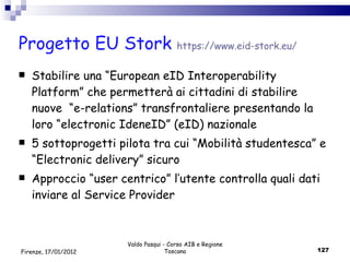 Progetto EU Stork  https://www.eid-stork.eu/ Stabilire una “European eID Interoperability Platform” che permetterà ai cittadini di stabilire nuove  “e-relations” transfrontaliere presentando la loro “electronic IdeneID” (eID) nazionale  5 sottoprogetti pilota tra cui “Mobilità studentesca” e “Electronic delivery” sicuro Approccio “user centrico” l’utente controlla quali dati inviare al Service Provider Valdo Pasqui - Corso AIB e Regione Toscana Firenze, 17/01/2012 