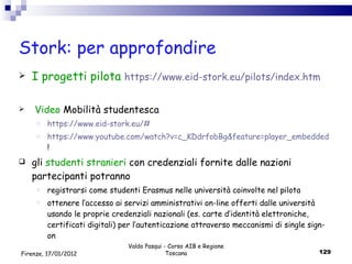 Stork: per approfondire I progetti pilota  https://www.eid-stork.eu/pilots/index.htm Video  Mobilità studentesca  https://www.eid-stork.eu/# https://www.youtube.com/watch?v=c_KDdrfobBg&feature=player_embedded# ! gli  studenti stranieri  con credenziali fornite dalle nazioni partecipanti potranno registrarsi come studenti Erasmus nelle università coinvolte nel pilota ottenere l’accesso ai servizi amministrativi on-line offerti dalle università usando le proprie credenziali nazionali (es. carte d’identità elettroniche, certificati digitali) per l’autenticazione attraverso meccanismi di single sign-on Valdo Pasqui - Corso AIB e Regione Toscana Firenze, 17/01/2012 