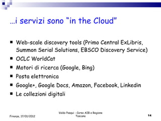 … i servizi sono “in the Cloud” Web-scale discovery tools (Primo Central ExLibris, Summon Serial Solutions, EBSCO Discovery Service) OCLC WorldCat Motori di ricerca (Google, Bing) Posta elettronica Google+, Google Docs, Amazon, Facebook, Linkedin Le collezioni digitali Valdo Pasqui - Corso AIB e Regione Toscana Firenze, 17/01/2012 