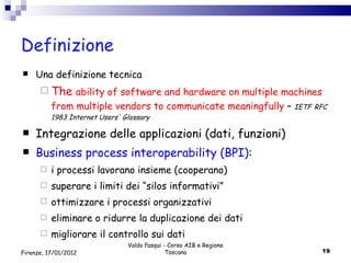 Definizione Una definizione tecnica  The  ability of software and hardware on multiple machines from multiple vendors to communicate meaningfully  –  IETF   RFC 1983  Internet Users' Glossary Integrazione delle applicazioni (dati, funzioni) Business process interoperability (BPI) :  i processi lavorano insieme (cooperano)  superare i limiti dei “silos informativi” ottimizzare i processi organizzativi eliminare o ridurre la duplicazione dei dati migliorare il controllo sui dati Valdo Pasqui - Corso AIB e Regione Toscana Firenze, 17/01/2012 