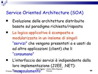 Service Oriented Architecture (SOA) Evoluzione delle architetture distribuite basate sul paradigma richiesta/risposta La logica applicativa è scomposta e modularizzata in un insieme di singoli  “servizi”   che vengono presentati a e usati da ad altre applicazioni (client) che li  “consumano” L’interfaccia dei servizi è indipendente dalla loro implementazione (J2EE, .NET): “ incapsulamento” Valdo Pasqui - Corso AIB e Regione Toscana Firenze, 17/01/2012 