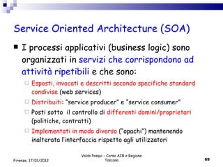 Service Oriented Architecture (SOA) I processi applicativi (business logic) sono organizzati in  servizi che corrispondono ad attività ripetibili  e che sono: Esposti, invocati e descritti secondo specifiche standard condivise  (web services) Distribuiti : “service producer” e “service consumer” Posti sotto  il controllo di  differenti domini/proprietari  (politiche, contratti) Implementati in modo diverso  (“opachi”) mantenendo inalterata l’interfaccia rispetto agli utilizzatori Valdo Pasqui - Corso AIB e Regione Toscana Firenze, 17/01/2012 