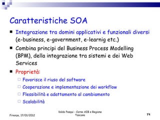 Caratteristiche SOA Integrazione tra domini applicativi e funzionali diversi  (e-business, e-government, e-learnig etc.) Combina principi del Business Process Modelling (BPM), della integrazione tra sistemi e dei Web Services Proprietà: Favorisce il riuso del software Cooperazione e implementazione dei workflow  Flessibilità   e adattamento al cambiamento Scalabilità Valdo Pasqui - Corso AIB e Regione Toscana Firenze, 17/01/2012 