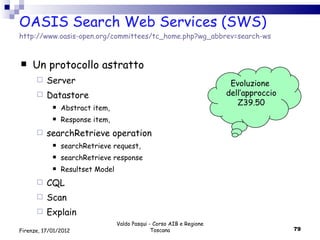 OASIS Search Web Services (SWS) http://www.oasis-open.org/committees/tc_home.php?wg_abbrev=search-ws Un protocollo astratto Server Datastore Abstract item, Response item,  searchRetrieve operation searchRetrieve request,  searchRetrieve response Resultset Model CQL Scan Explain Valdo Pasqui - Corso AIB e Regione Toscana Firenze, 17/01/2012 Evoluzione  dell’approccio Z39.50 