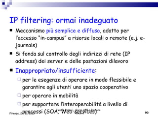 IP filtering: ormai inadeguato Meccanismo  più semplice e diffuso , adatto per l’accesso “in-campus” a risorse locali o remote (e.j. e-journals) Si fonda sul controllo degli indirizzi di rete (IP address) dei server e delle postazioni dilavoro Inappropriat o/insufficiente : per le esegenze di operare in modo flessibile e garantire agli utenti uno spazio cooperativo per operare in mobilità per supportare l’interoperabilità a livello di processi (SOA, Web-services) Valdo Pasqui - Corso AIB e Regione Toscana Firenze, 24/11/2010 