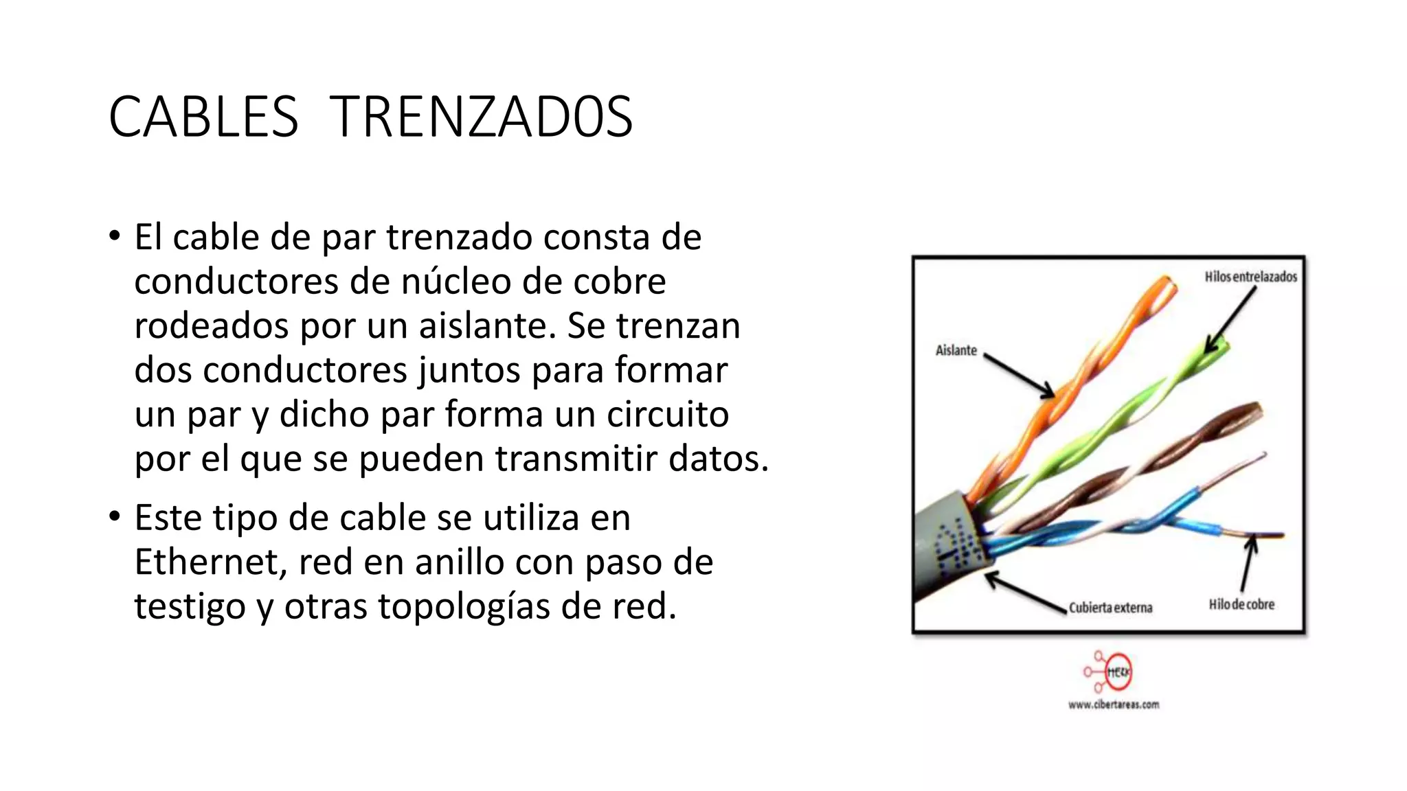 CABLES TRENZAD0S
• El cable de par trenzado consta de
conductores de núcleo de cobre
rodeados por un aislante. Se trenzan
dos conductores juntos para formar
un par y dicho par forma un circuito
por el que se pueden transmitir datos.
• Este tipo de cable se utiliza en
Ethernet, red en anillo con paso de
testigo y otras topologías de red.
 