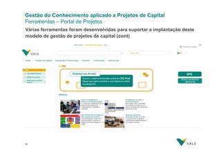 Gestão do Conhecimento aplicado a Projetos de Capital
Ferramentas – Portal de Projetos
Várias ferramentas foram desenvolvidas para suportar a implantação deste
modelo de gestão de projetos de capital (cont)

31
31

 