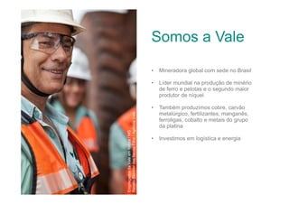 Somos a Vale
Mineradora global com sede no Brasil

•

Líder mundial na produção de minério
de ferro e pelotas e o segundo maior
produtor de níquel

•
Empregados da Vale em Itabira / MG
Renato Stockler das Neves Filho / Agência Vale

•

Também produzimos cobre, carvão
metalúrgico, fertilizantes, manganês,
ferroligas, cobalto e metais do grupo
da platina

•

Investimos em logística e energia

 